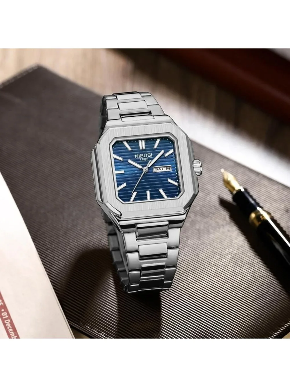 Nibosi Men's Silver Blue Analog Quartz Stainless Steel Waterproof Square Watch